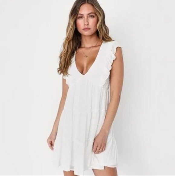 AQUA FROM BLOOMINGDALES White Ruffle V-Neck Dress - Picture 1 of 9